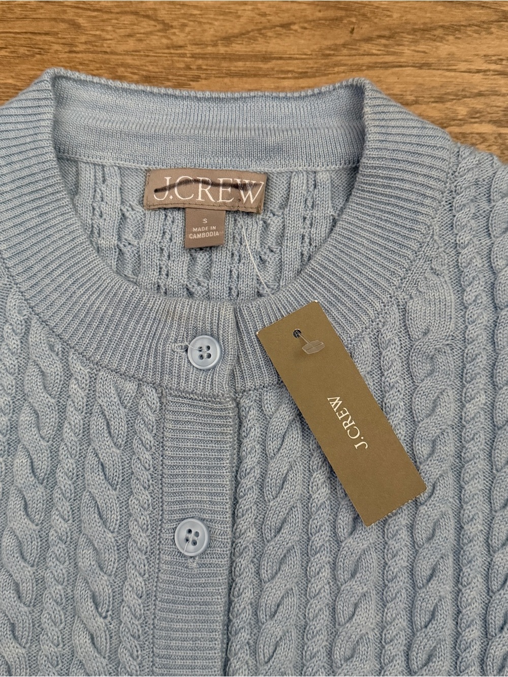 NWT$128 J. Crew Cable Knit Crewneck Cardigan, Merino Wool Hthr Stream blue S - Picture 5 of 7
